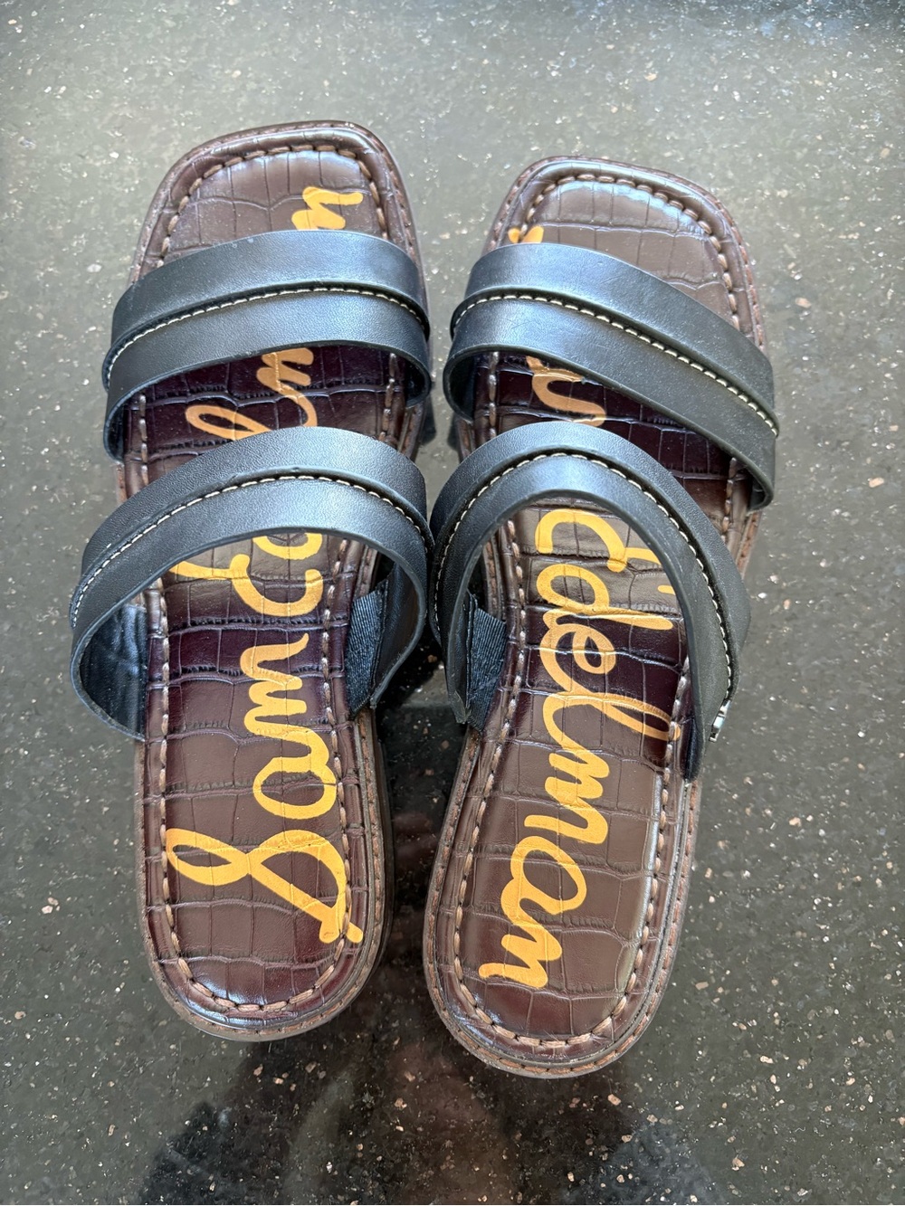 Sam Edelman Black Leather Double-Strap Croc-Embossed Brown Slide